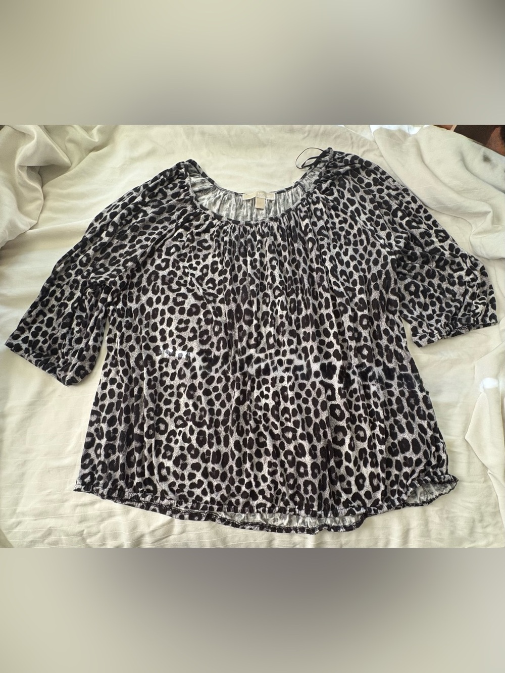 Michael Kors Black and White Leopard-Print Peasant Blouse